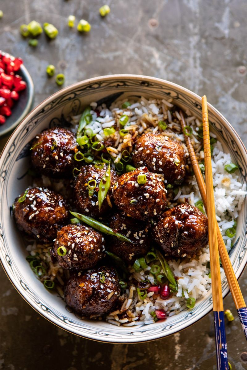 Orange &  Thyme Beef Meatballs: 19g Protein  Beef meatballs simmered in orange and fresh thyme, finished with scallions.