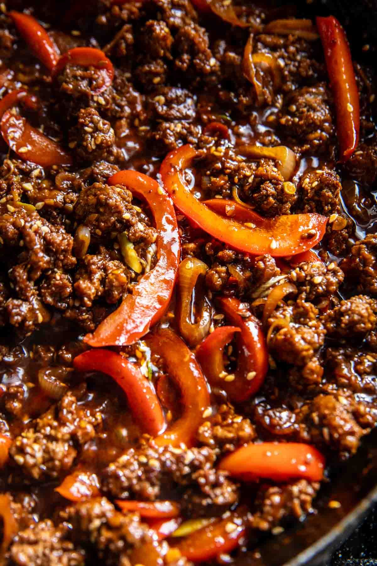 Korean Ground Beef Stir Fry — Ground beef and bell peppers in a sweet soy-ginger glaze, finished with sesame.